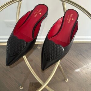 kate spade New York Zola Black Pointed Heart-Accent Leather Mule with Red Lining